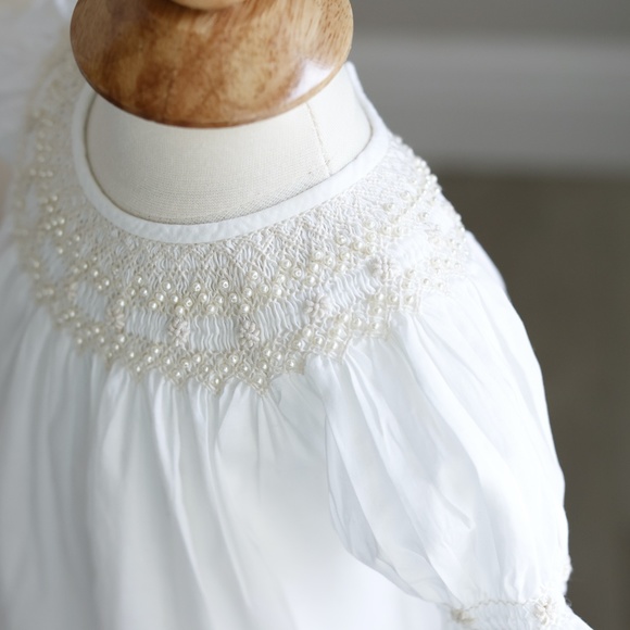 Strasburg ORIGINAL Dress White Bishop Smocked Ecru Embroidery Pearls Flower Girl - Picture 6 of 7